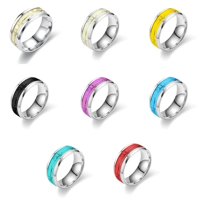 موضة جديدة الحب القلب توهج خواتم ECG مضيئة التيتانيوم الصلب المراهقين ضربات القلب الإسفار زوجين خواتم للبنين بنات