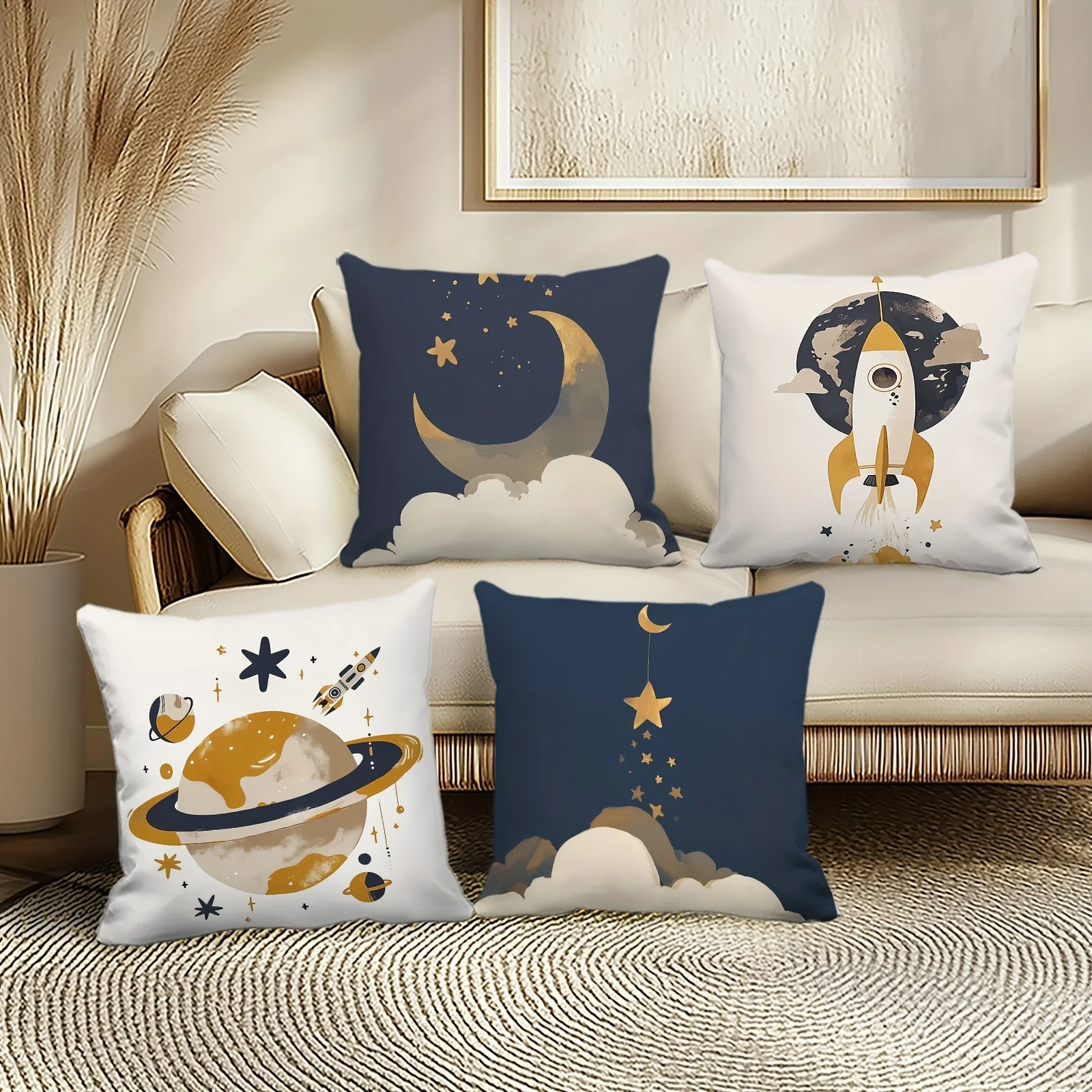 1PC 2D Flat Space Themed Decorative Throw Pillow Covers Rocket Moon Planet Starry Sky Cushion Cases for Kids Bedroom Living Room