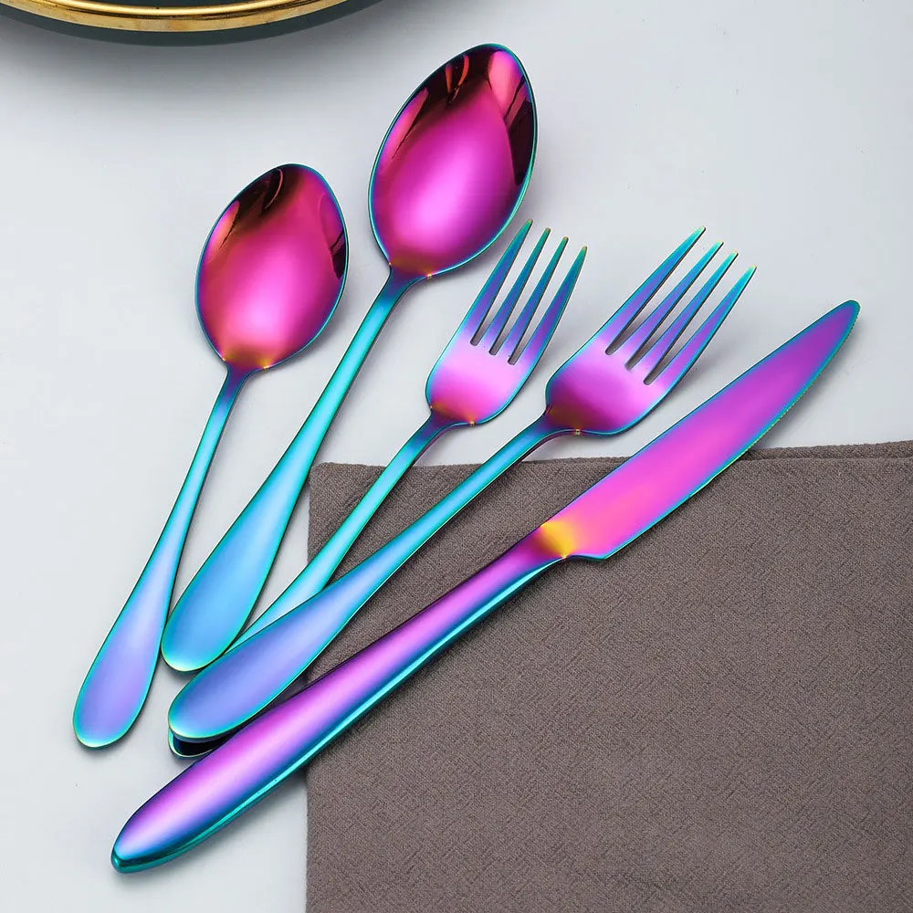 Silicone World 5Pcs Dinnerware Set Stainless Steel Steak Knife Fork Coffee Tea Spoon Flatware Dishwasher Kitchen Accessories