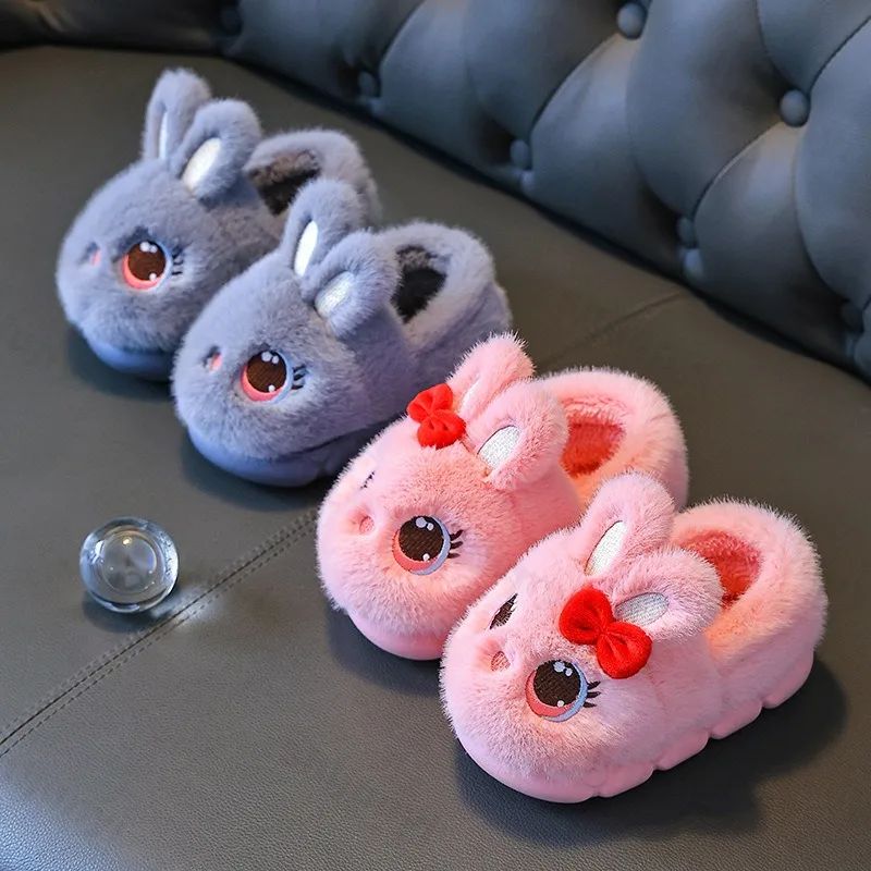 Children Slippers Cute Rabbit Fluffy 2025 Winter New Cotton Slippers Warm Comfortable Indoor Cartoon Plush Floor House Slippers
