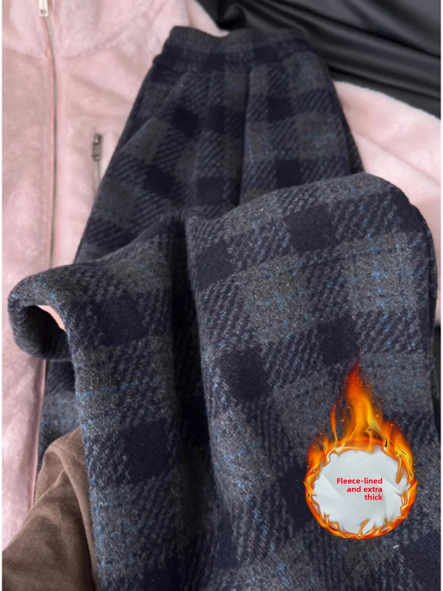 

Thickened Fleece Wide Leg Pants Women's High Waist Trousers Korean Style Commute Checkered Loose Fit Casual Pants