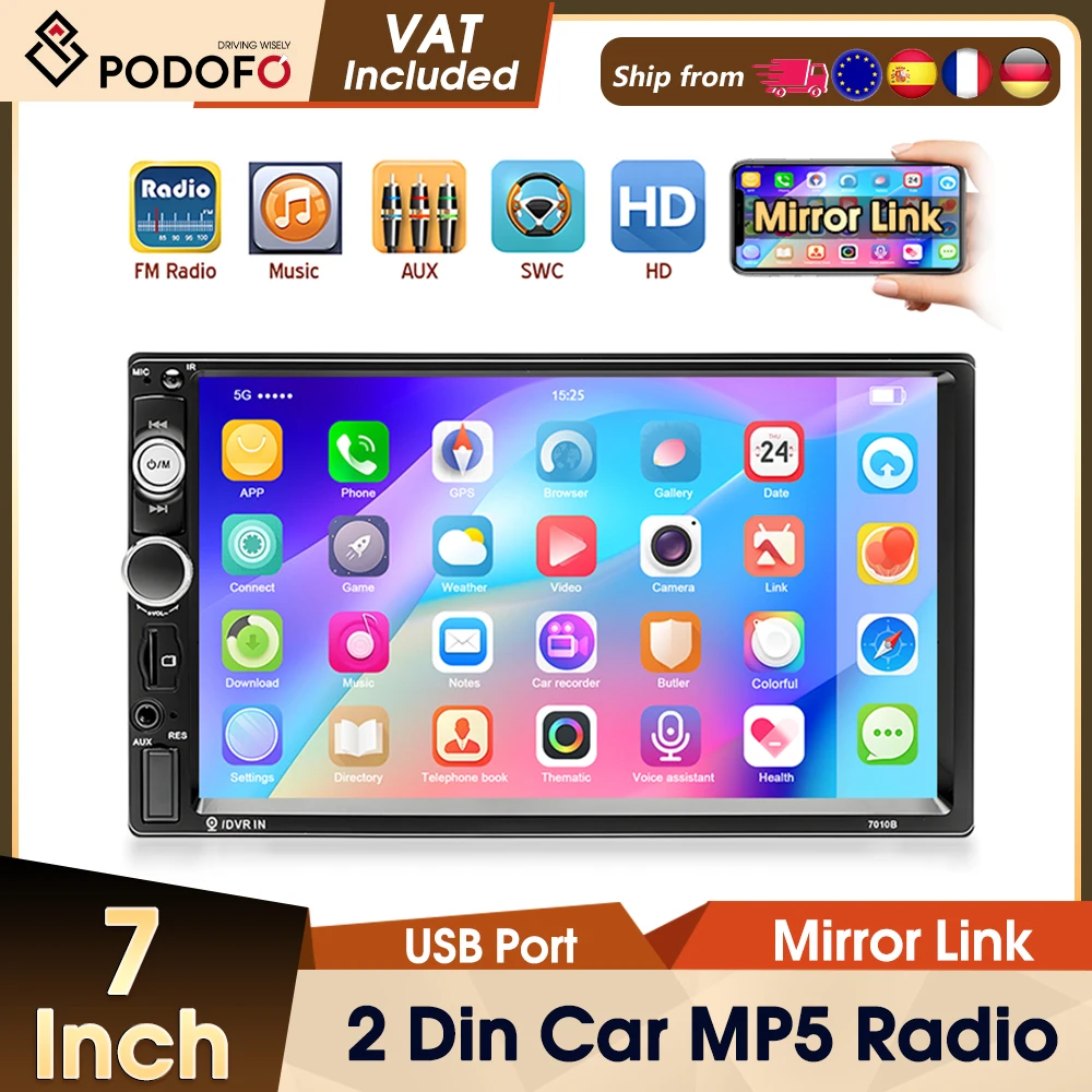Autoradio Podofo 2Din 7'' compatible Android/iPhone, Mirror Link, SWC, lecteur multimédia de voiture, Bluetooth, radio FM, AUX, USB, charge