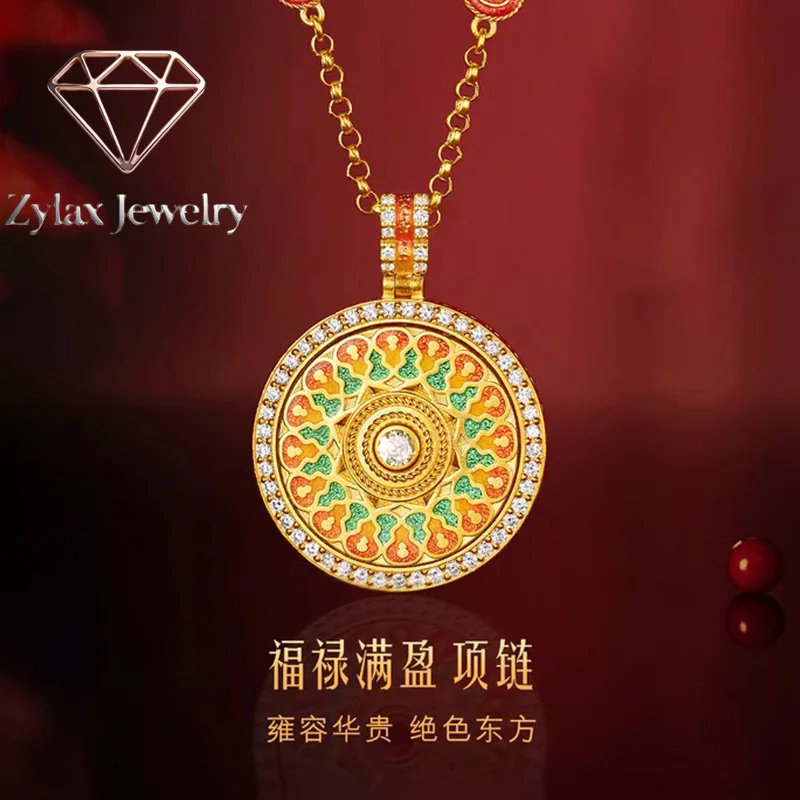 Zylax Jewelry Luxury 24K 9999 Pure Gold real gold Women's Enamel Smart Rotating Pendant Diamond Gourd Compasses Necklace