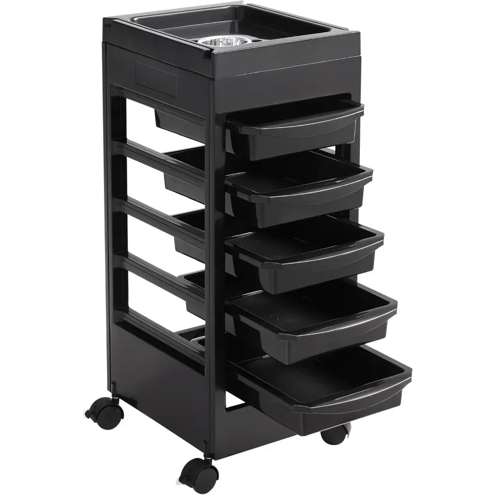 

Beauty Salon Trolley Cart, Plastic Salon Rolling Cart for Stylist with 5 Removable Drawers & Dryer Holder, Salon trolley