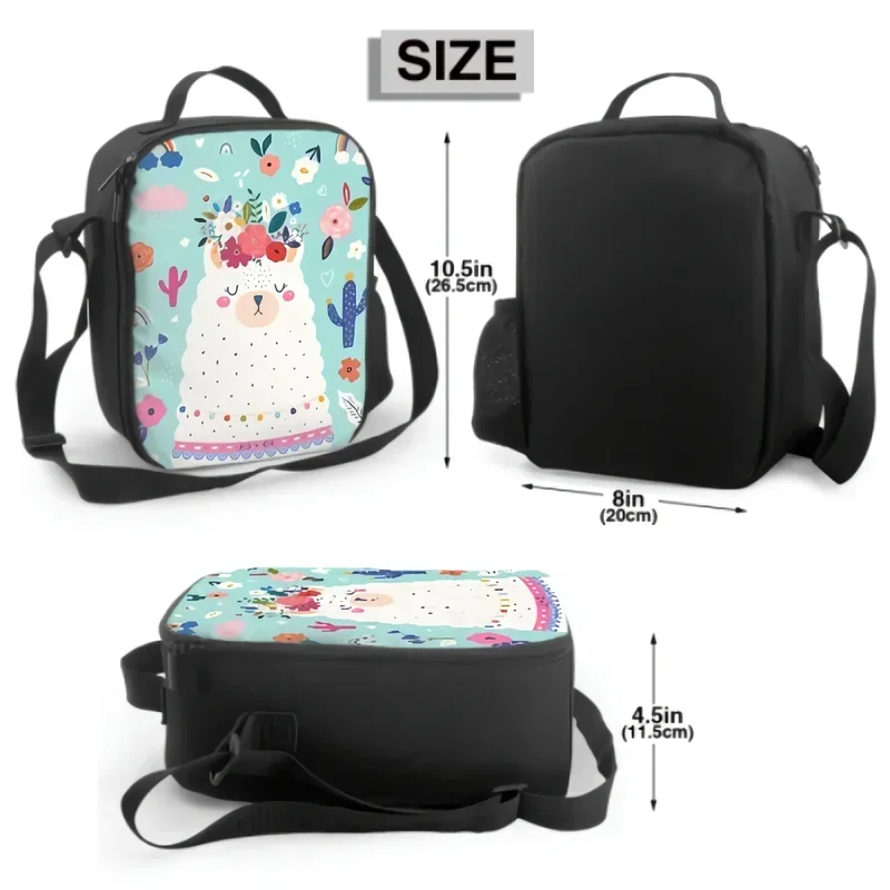 3D cute baby alpaca llama with spring floral wreath cactus insulated lunch box cooler bag washable leakproof portable tote bag