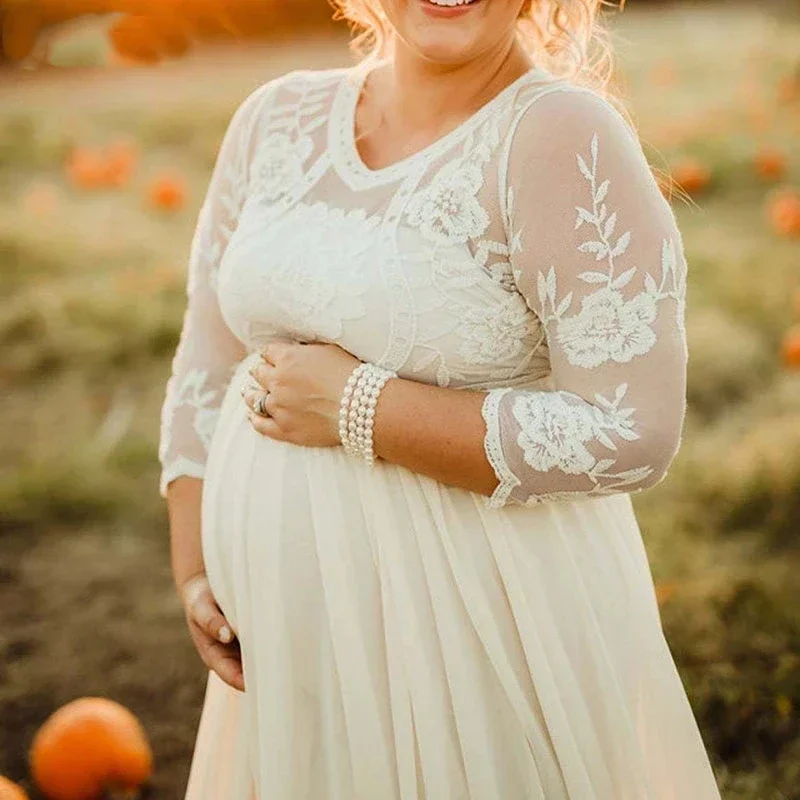 فساتين ماكسي للأمهات من الدانتيل لالتقاط الصور بأكمام طويلة من الشيفون للنساء الحوامل فستان الحمل للتصوير الفوتوغرافي