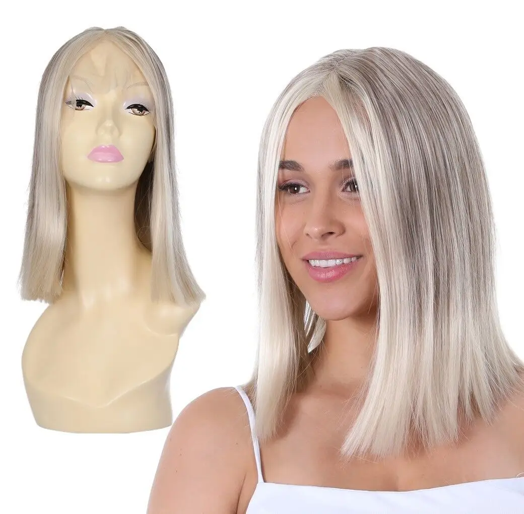 

Женский парик фронта шнурка, термостойкие волосы, платиновая блондинка, модные короткие прямые волосы