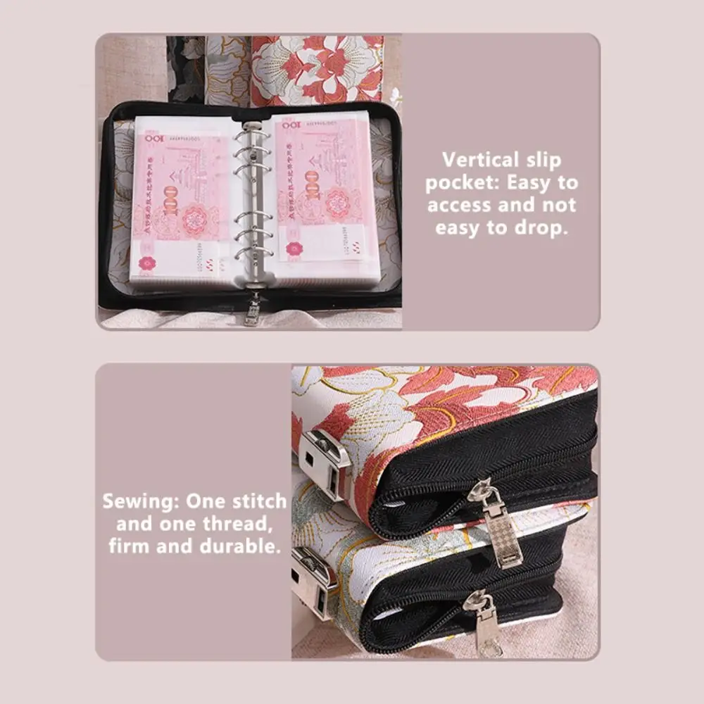 PU Leather Money Savings Binder Peony Pattern with Password Lock Savings Binder Large Capacity 100 Pockets Money Organizer Album