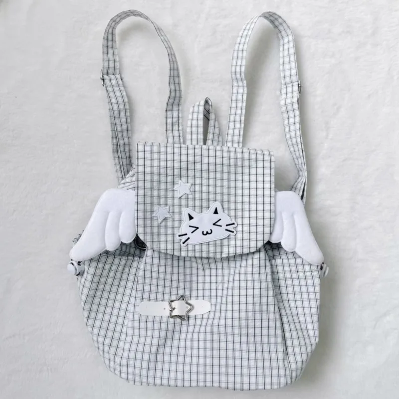 Embroidery Cat Backpacks Back To School Grid Y2K Star Wing Backpacks Versatile Symbol Drawstring Rope Large Capacity Backpacks