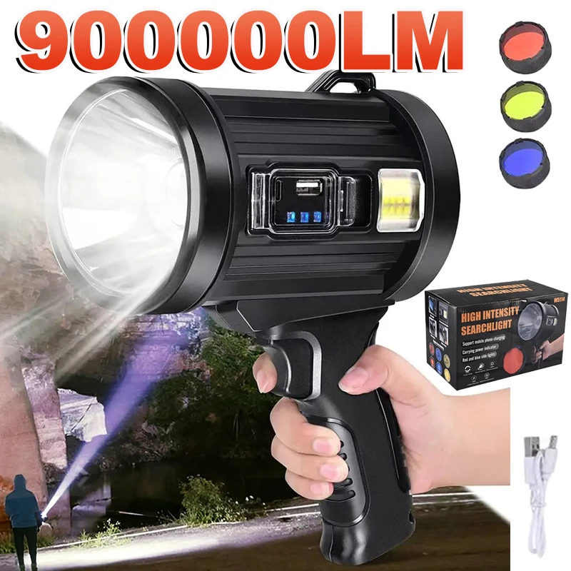 900000LM Rechargeable Led Spotlight Waterproof Handheld Large Flashlight Most Powerful Outdoor Solar Spotlights Searchlight