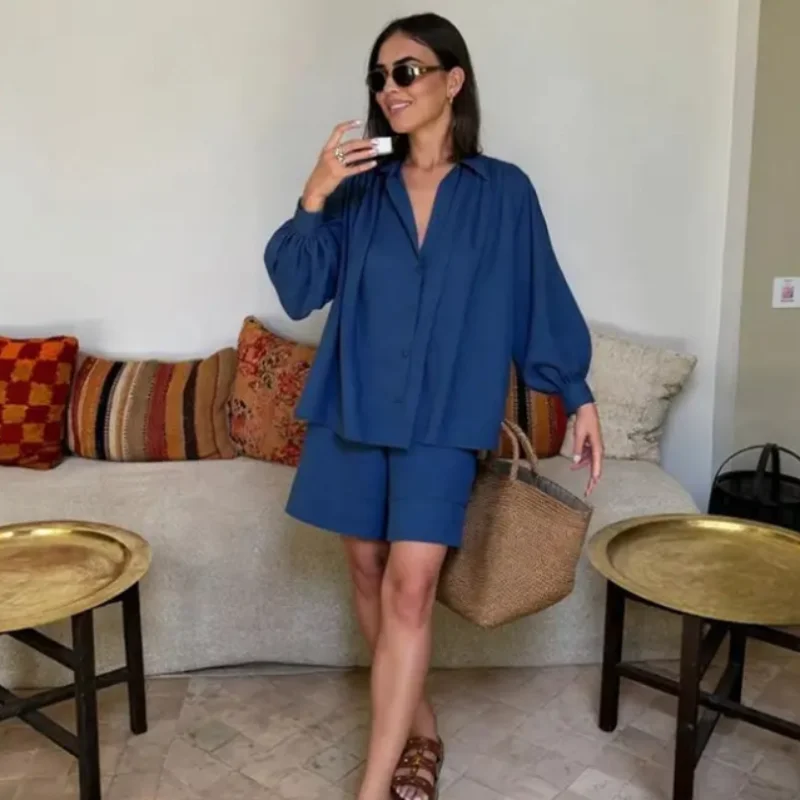 

2025 Summer Casual Shirts Shorts Sets Women's Loose Turn-Down Collar Long Sleeve Tops High Waist Short Pant Lady Vacation Suit ﻿