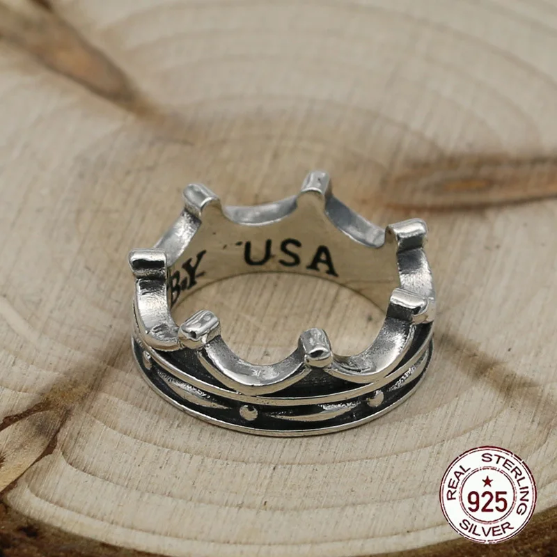 S925 Sterling Silver Ring Handmade Personalized Crown Letter Classic Ethnic Style Retro Trendy Open Ring