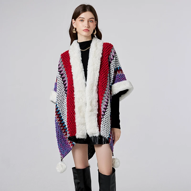 2023 New Autumn Winter Women Half Sleeve Loose Cloak Coat Fashion Plush Patchwork Contrast Color Knitted Cardigan Cloak Cape