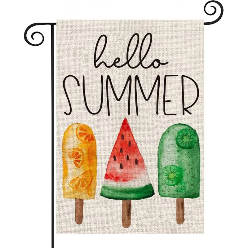 สวัสดีฤดูร้อนไอติมสวนธงสองด้าน 12x18 นิ้วบ้านไร่วันหยุดตกแต่งภายนอก(C)