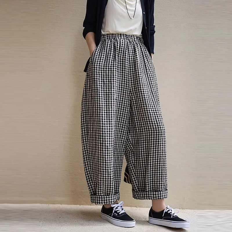 New 2024 Summer Arts Style Women Elastic Waist Loose Ankle-length Pants All-matched Casual Cotton Linen Plaid Harem Pants