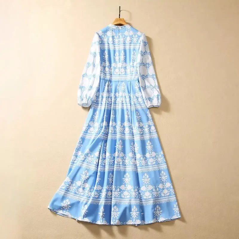 Kate Princess Blue Print Dress, O-Neck Lantern Sleeve, Long Sleeve Dresses, Fashion, 81504