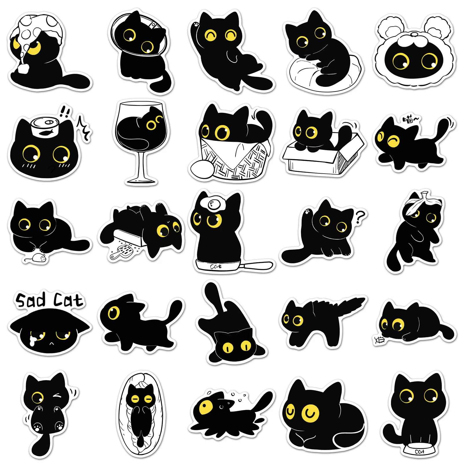 50/100 Stück Cartoon Schwarze Katze Tägliche Aufkleber Cartoon Niedliche Handgezeichnete Tier-Kreativ-Aufkleber für Wasserbecher und Handys – Detail 2