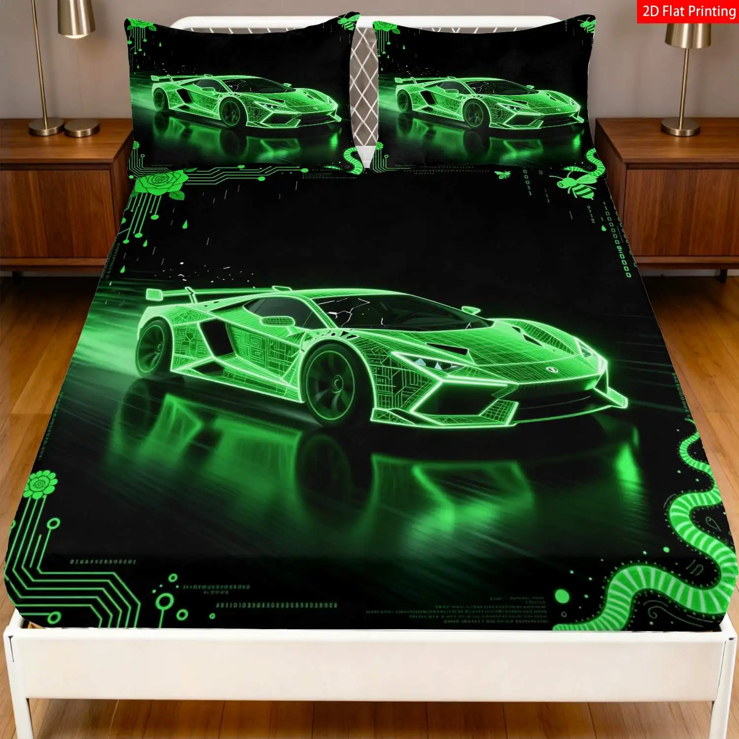 Modern dynamic style, cyber-neon sports car themed bedding, nightclub party decoration 2D digital print three-piece bedding set (includes 1 fitted sheet + 2 pillowcases) mattress protector, fitted sheet style elastic cover, mattress cover, fitted bedding