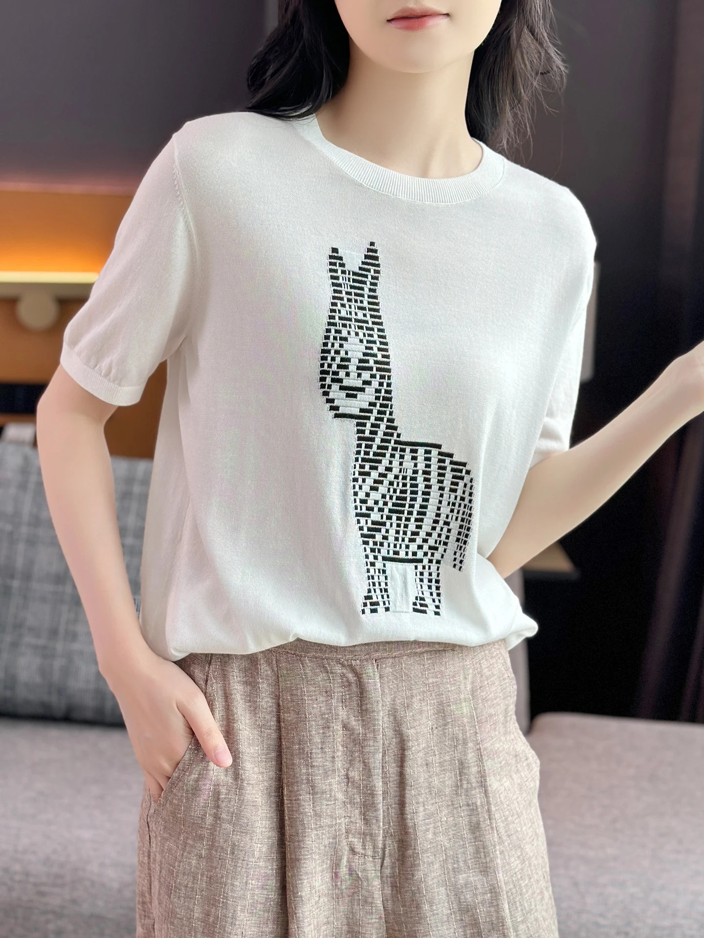 

Zuozhujia Cashmere Silk Short Sleeve Knitted T-Shirt Embroidered round Neck Casual Style Soft Wool Blend Comfortable Breathable
