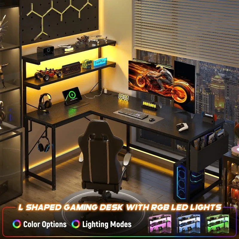 Black L Shaped Computer Desk With Power Outlet,Gaming Desk With Light Storage,Home Office Desk With Storage Shelves For Small Spaces