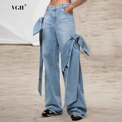 VGH Patchwork Pocket Denim Pant For Women High Waist Spliced Lace Up Designer Streetwear Solid Wide Leg Pants Female Style