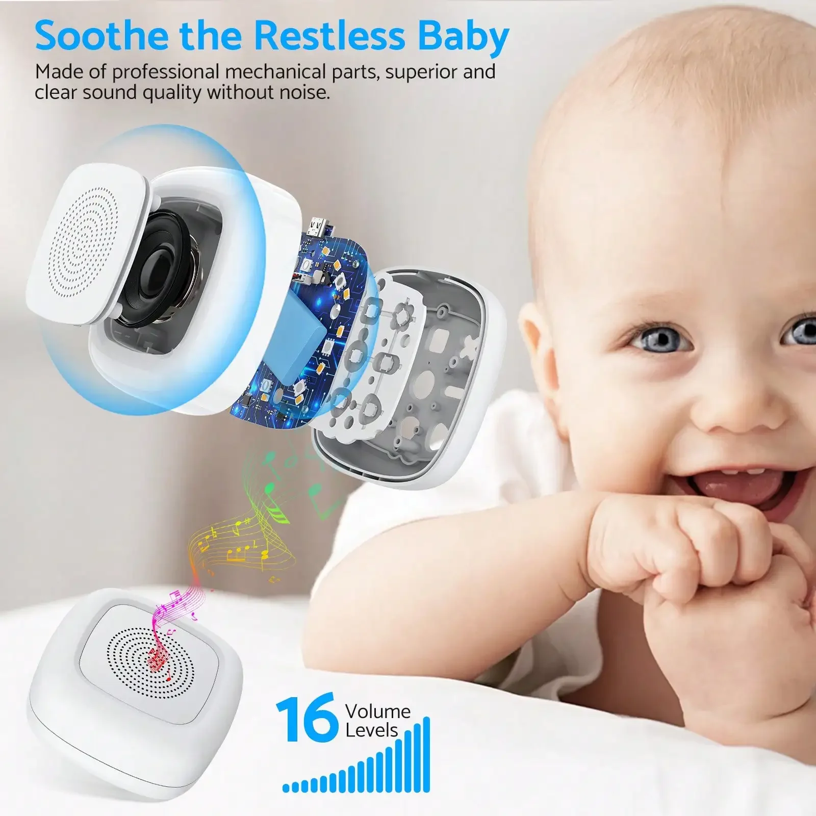 Drahtlose White Noise Machine Tragbare Soundmaschine 30 Sounds Schlafhilfe Entspannen, 7-Farben-Baby-Nachtlicht mit 3 Minuten Aufnahme