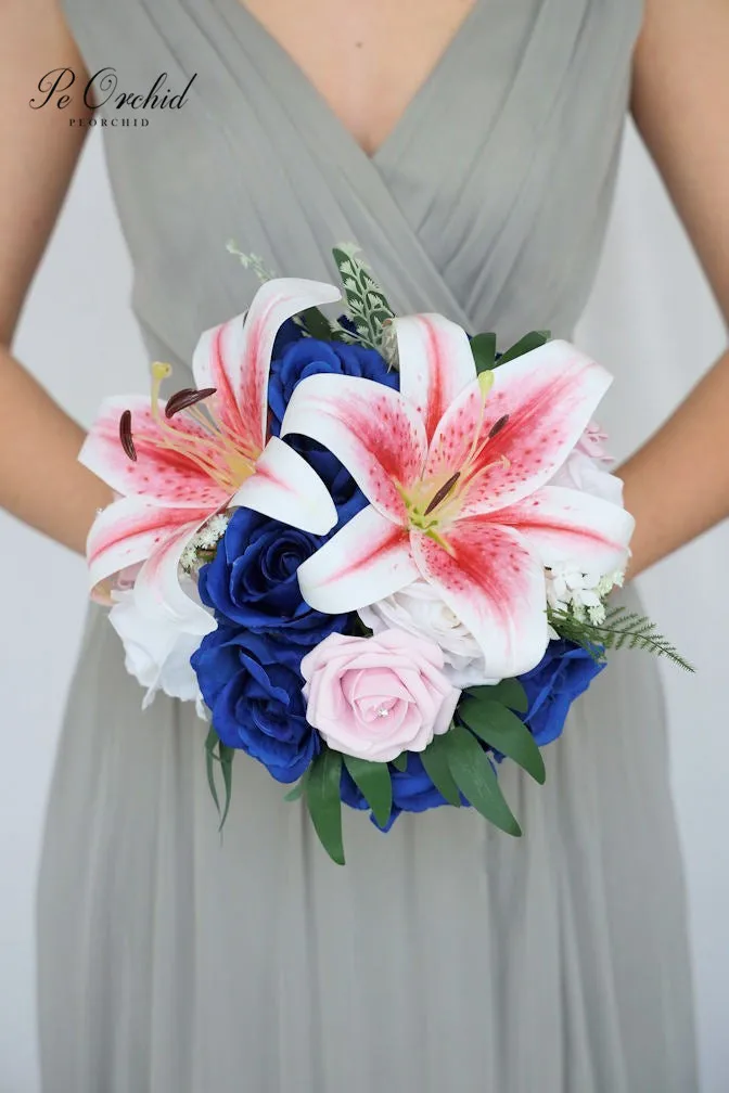 PEORCHID ROYAL BLUE ลิลลี่สีชมพู Cascading เจ้าสาว Bouquet De Mariage Trouwboeket ดอกกุหลาบประดิษฐ์ Faux ดอกไม้ช่อดอกไม้เพื่อนเจ้าสาว