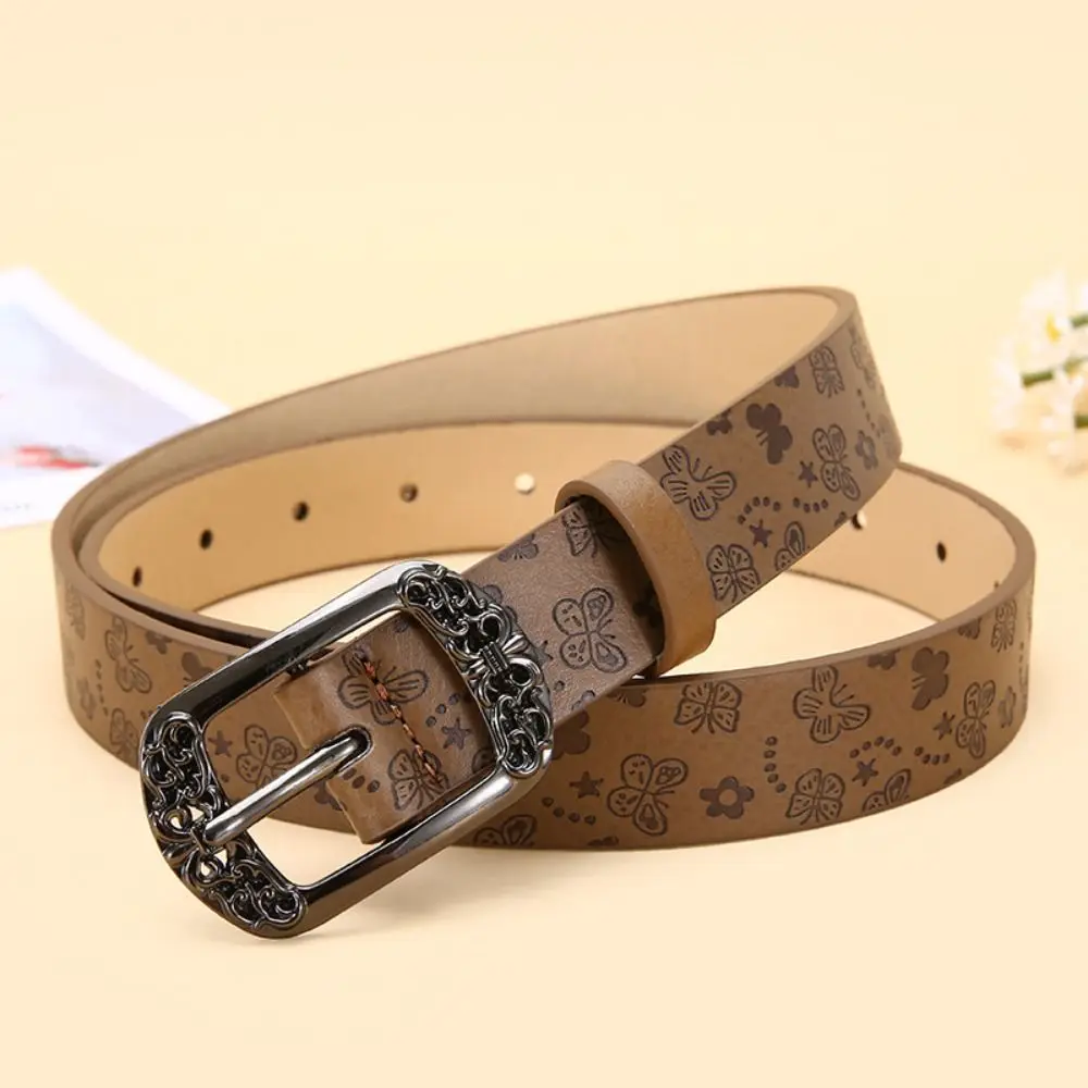 Alloy Pin Buckle PU Leather Belt Carved Antique Metal Buckle Embossed Pattern Waist Belt Faux Leather Western Style