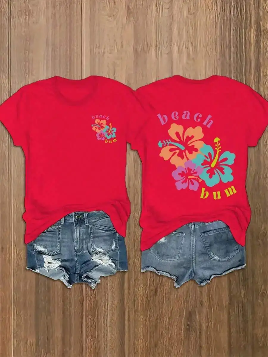 

Red Hibiscus Print Womens Short Sleeve Round Neck T-Shirt Summer Casual Graphic Tee