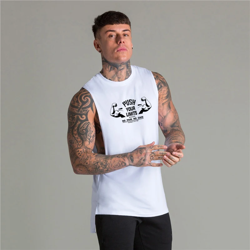 Summer Sports Workout Sleeveless Clothing Gym Bodybuilding Fitness Tank Tops Mens Casual Extend Cut Off Cotton Breathable Shirts