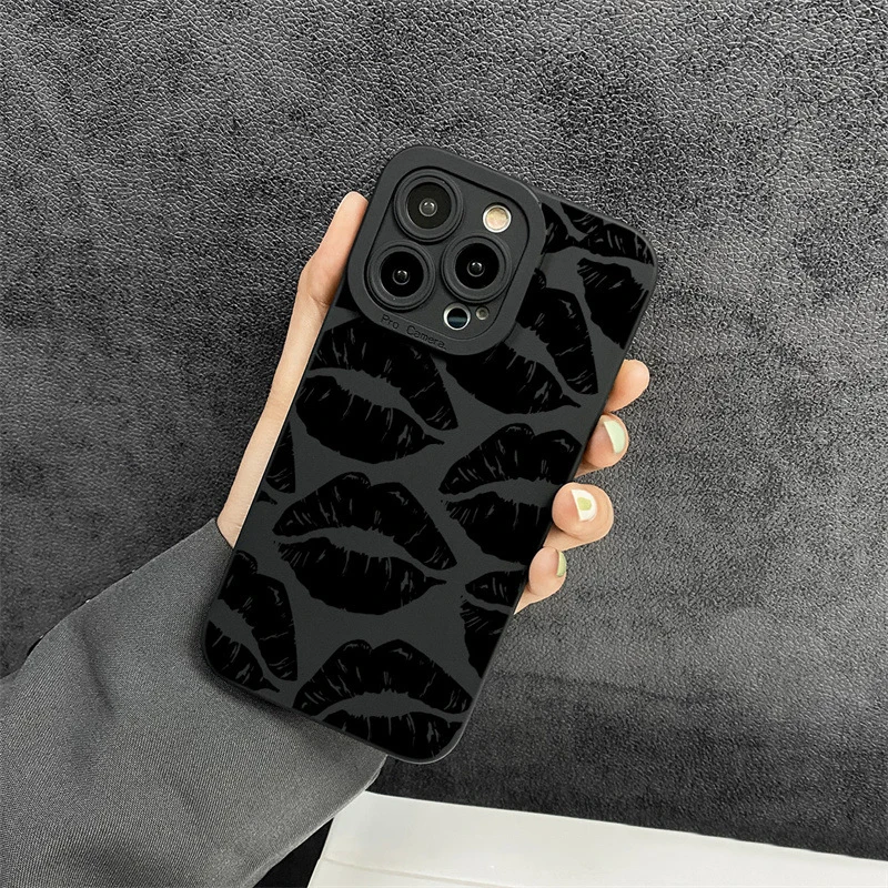 Luxury Gothic Style Kiss Print Cases For iPhone 11 13 12 14 15 Pro Max Plus Black Lip Matte Case Shockproof Soft Silicone Cover