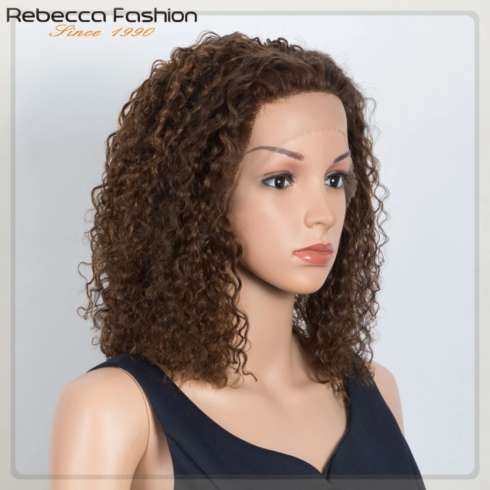 

Натуральный короткий кудрявый парик-каре Rebecca Natural Brown с кружевной вставкой, 100% человеческие волосы, бразильские волосы Remy, распродажа.