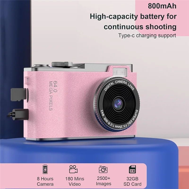 A73E-Children Camera With 32GB Card, For Kids Digital Camera HD Video Compact Small Camera For Kids Teens Boys Girls Gifts