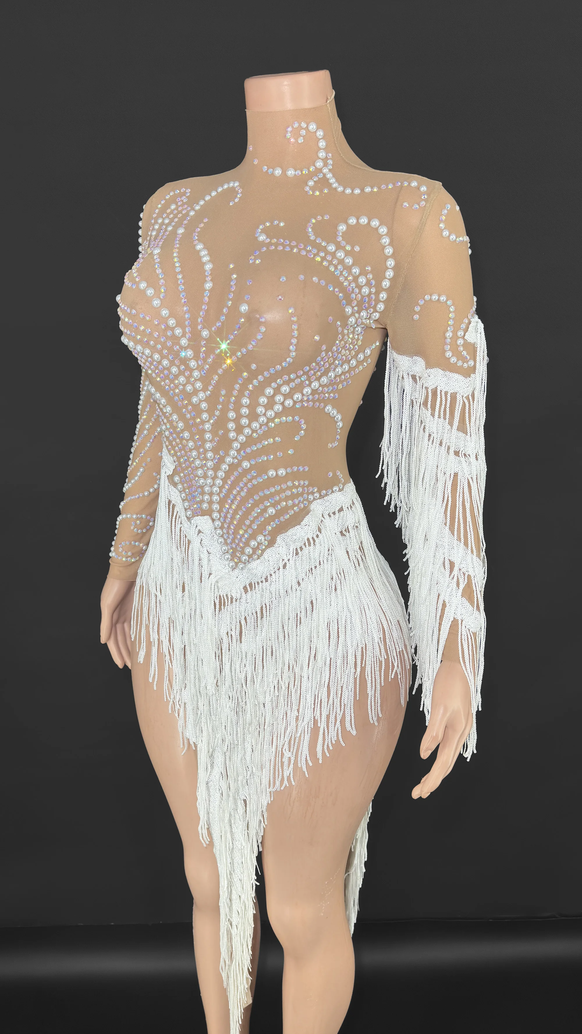 ZD Luxus-Body mit Strass-Fransen – glitzerndes, durchsichtiges Mesh-Tanzoutfit für Bühne und Auftritte