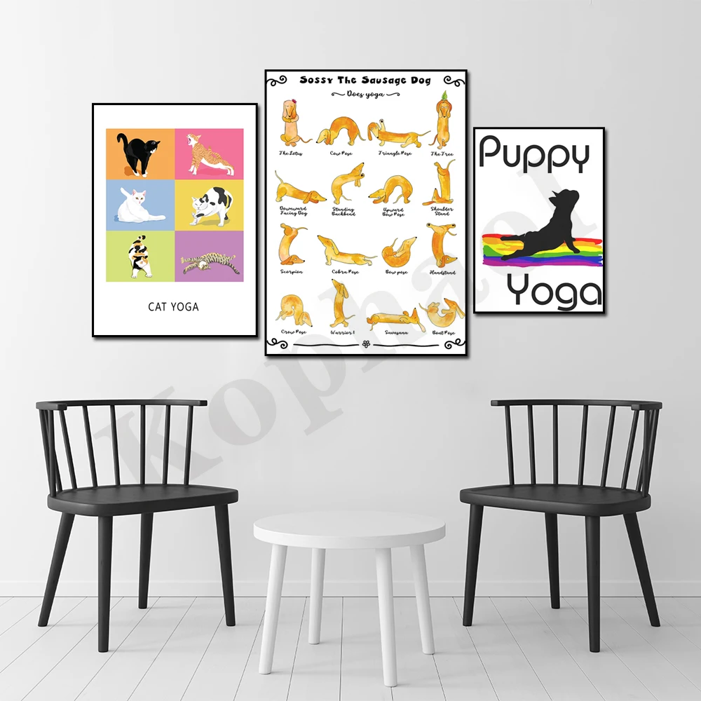 Puppy Yoga & Cat Yoga Wall Art Poster Unique Yoga Studio Home Decor Positive Living Room Decor Gifts for Yoga Lovers