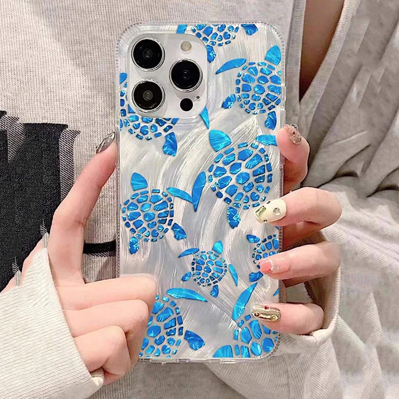 Summer Cartoon Blue Turtle Pattern Case For iPhone 15 14 7 8 Plus XS X XR 14 13 Pro Max 13 12 Pro Max Luxury Laser Silver Cover