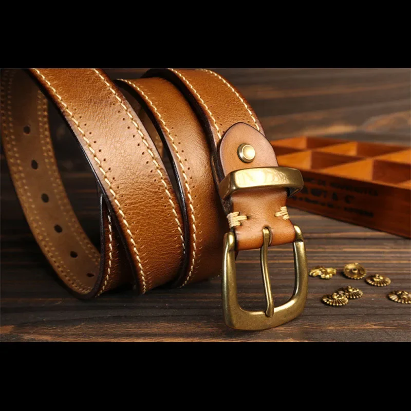 Top Grain Cowhide Belt for Men 3.5CM American Style Work Jeans Belt with Sewing Stitching Design