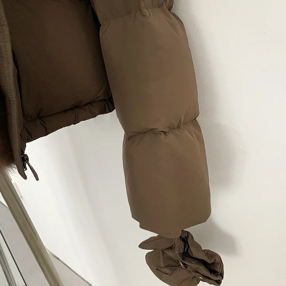 OFTBUY Damen-Daunenjacke mit Kapuze, kurze Oberbekleidung mit abnehmbaren Handschuhen, Reißverschluss, echtes Fell, Daunenjacke mit echtem Fuchsfell – Detail 32