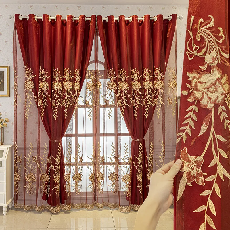 Custom luxury European modern embroidery red bedroom livingroom double-laye lace window cloth curtain tulle M1861