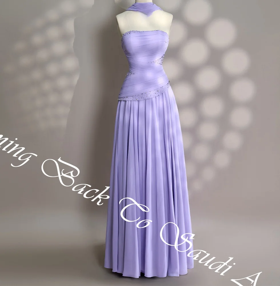 Customized  Romantic Lavender Chiffon Sequined and Crystal Evening Dress A-Line Watteau Train Strapless Saudi Arabia P