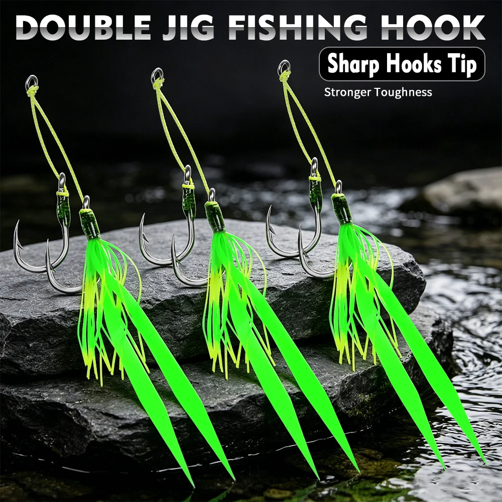 Proberos Large Eye Green Feather Double Hook 2Set/Bag IronPlate Jigging Hook High Carbon Steel Bass Seawater Fishing Accessories