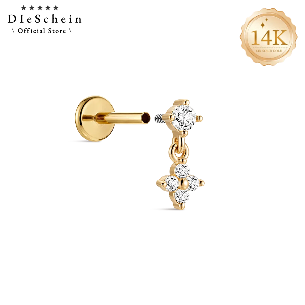 DIeSchein 14K Solid Gold Piercing Stud Dangle Four Leaf Clover CZ Internal Thread Flat Back Nose Helix Tragus Cartilage Jewelry
