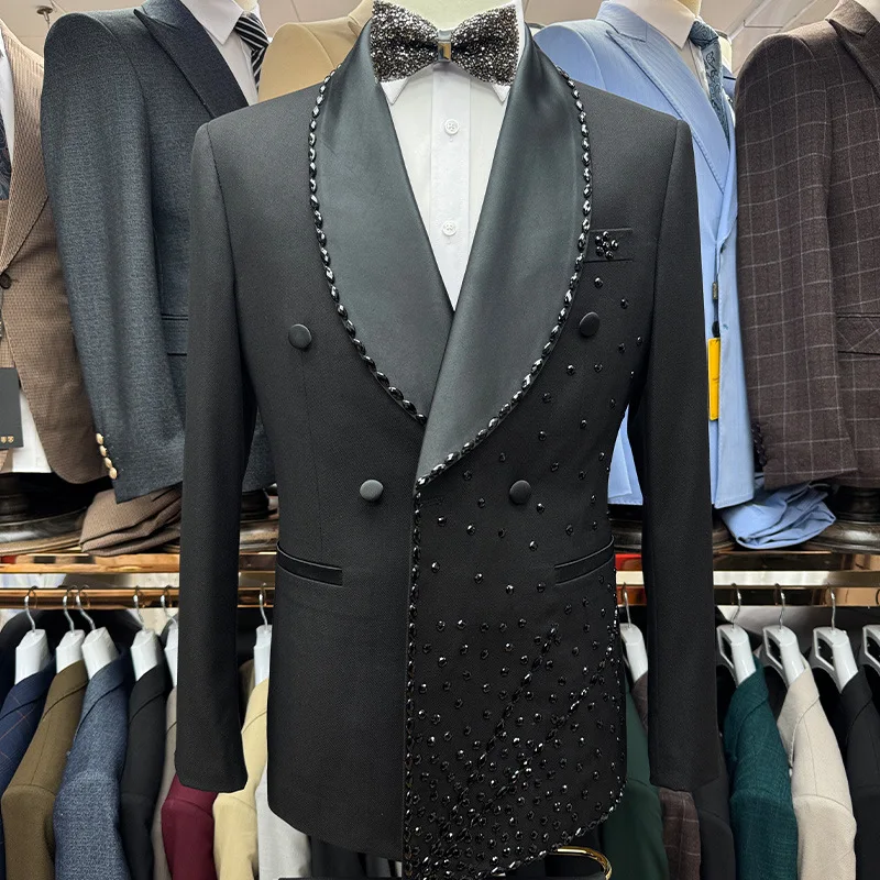 

Luxury Black GroomTuxedo Slim Fit Crystal Beads 2pcs Blazer Pants Customized Formal Wedding Party Special Occasion Male Suit