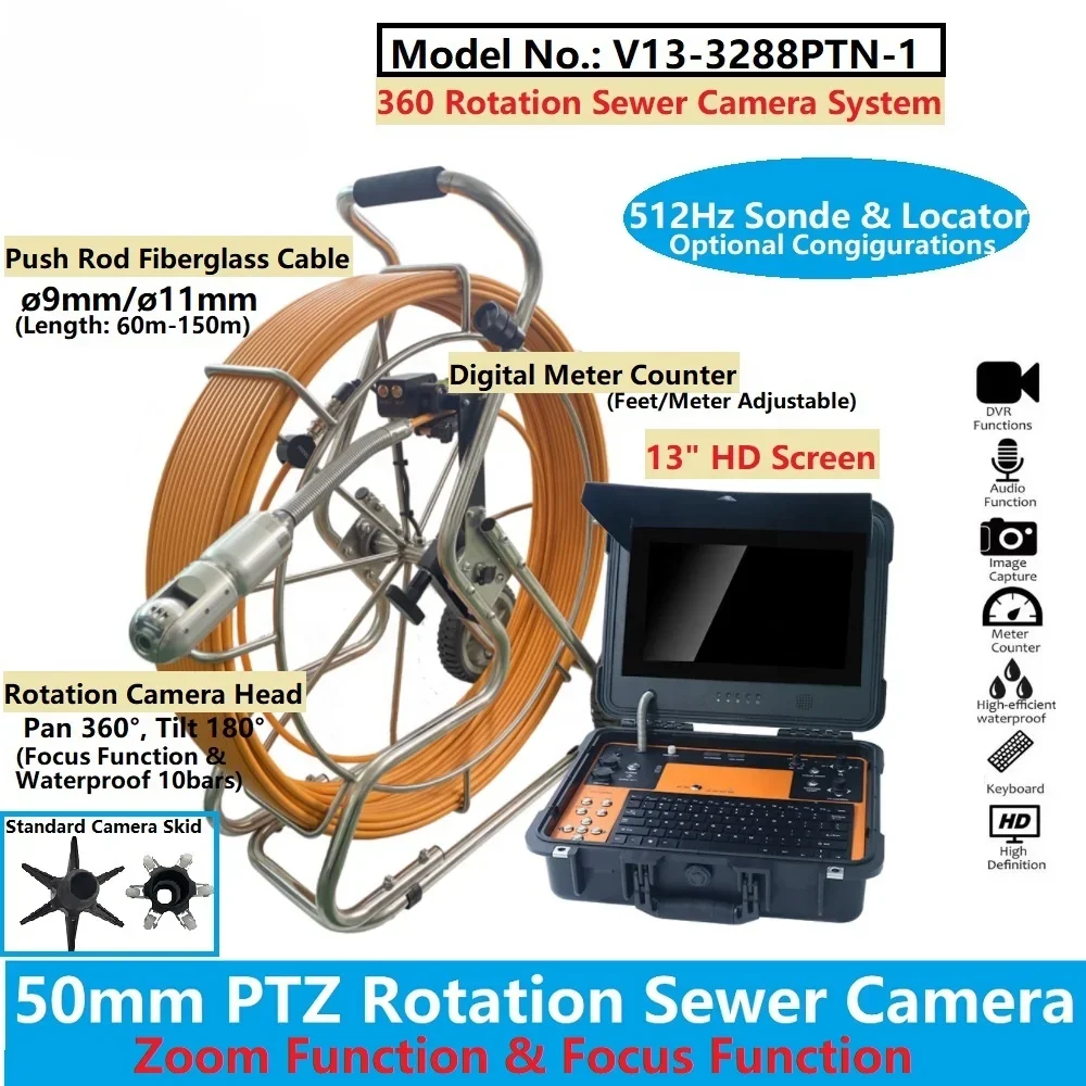 360 Rodation Abwasser rohr Inspektions kamera 60m 150m Tiefen zähler 13 hd 50mm pt industrielles Endoskop kamerasystem