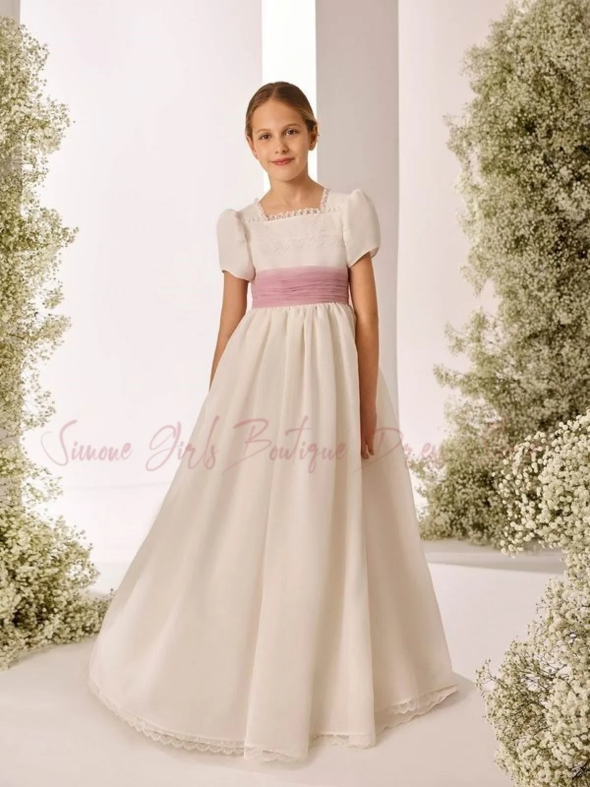 Elegant Baptism First Communion Gown Flower Girl Dress Half Sleeve White Tulle A-Line Lace Bow Appliques For Kids Birthday Gowns