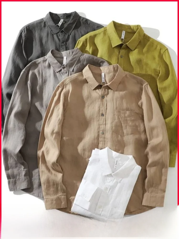 

Мужская повседневная льняная рубашка с длинным рукавом: комфортная, дышащая, винтажная, универсальная, модная, свободного кроя, на пуговицах, с классическим воротником