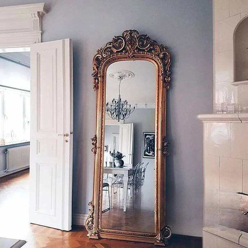 for European Retro Carved Full Length Mirror French Style Floor to Ceiling Mirror American Creative High End  Mirror