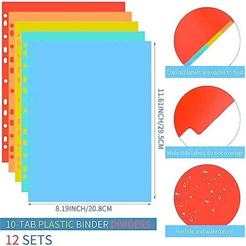 Fits for 3 Ring Binder Dividers with Tabs Letter Size Notebook Dividers 5 Colors Plastic Dividers Binder for School Subject File