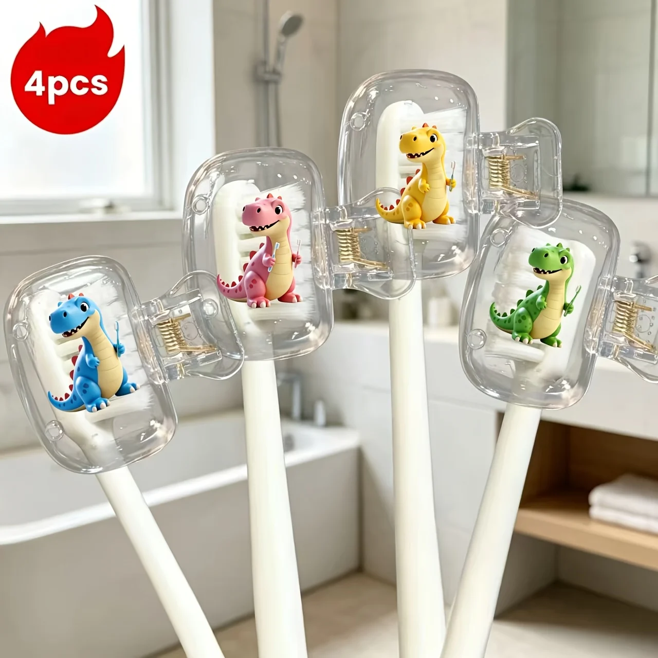 4pcs Dinosaur Brushing Set Travel Toothbrush Head Covers Protective Caps for Bathroom Camping and Business Supply Gift for Girls