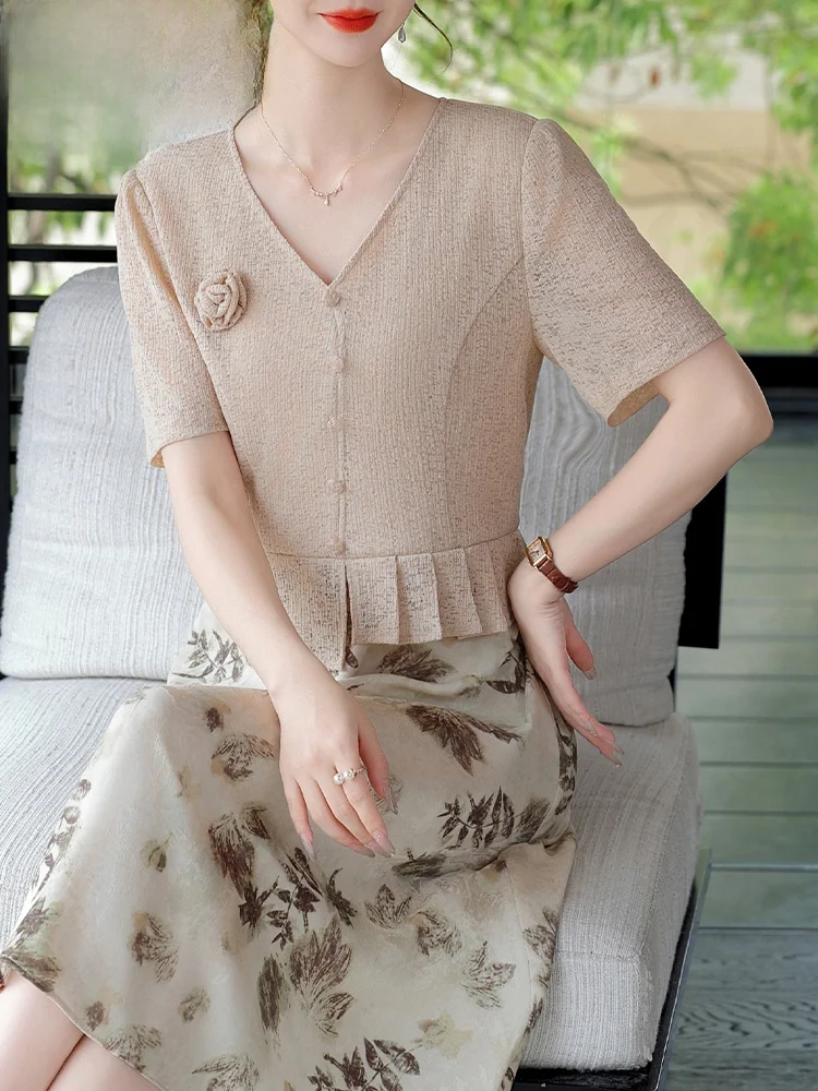 

Faionable Mom Summer Dr Chiffon Skirt Mid-aged Women's Clothing ort Sve Long Dr Ele V-ne Single-button Clo...